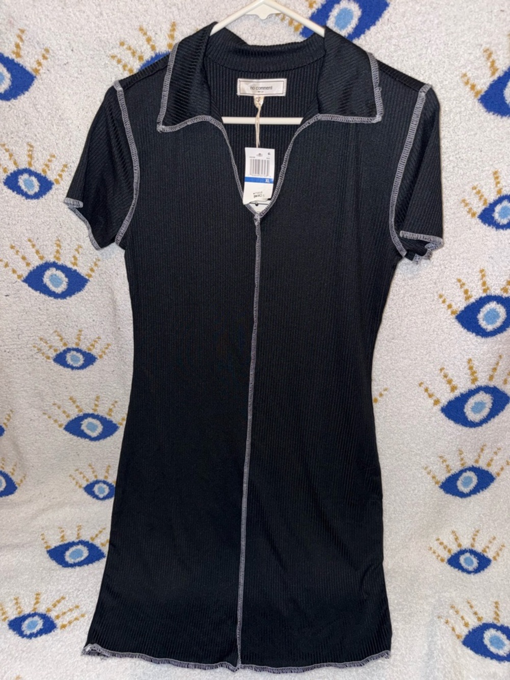 Black Short-Sleeve Mini Dress with Contrast Stitching